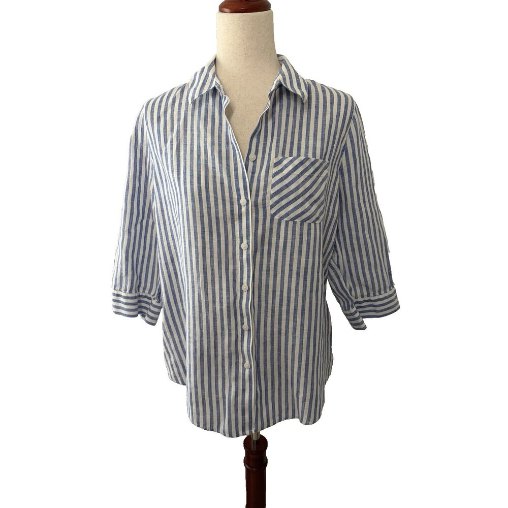 Chico’s Women’s 1 (M) Petite Blue Stripe No-Iron Linen Button Down Shirt Boxy